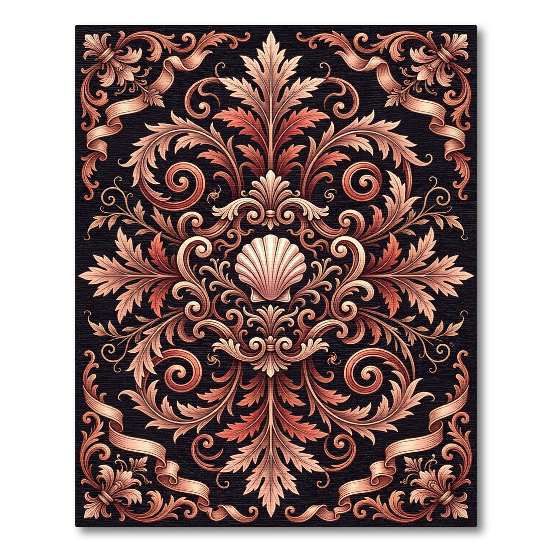 Ornate Bronze Seashell Foliate Scroll Rug