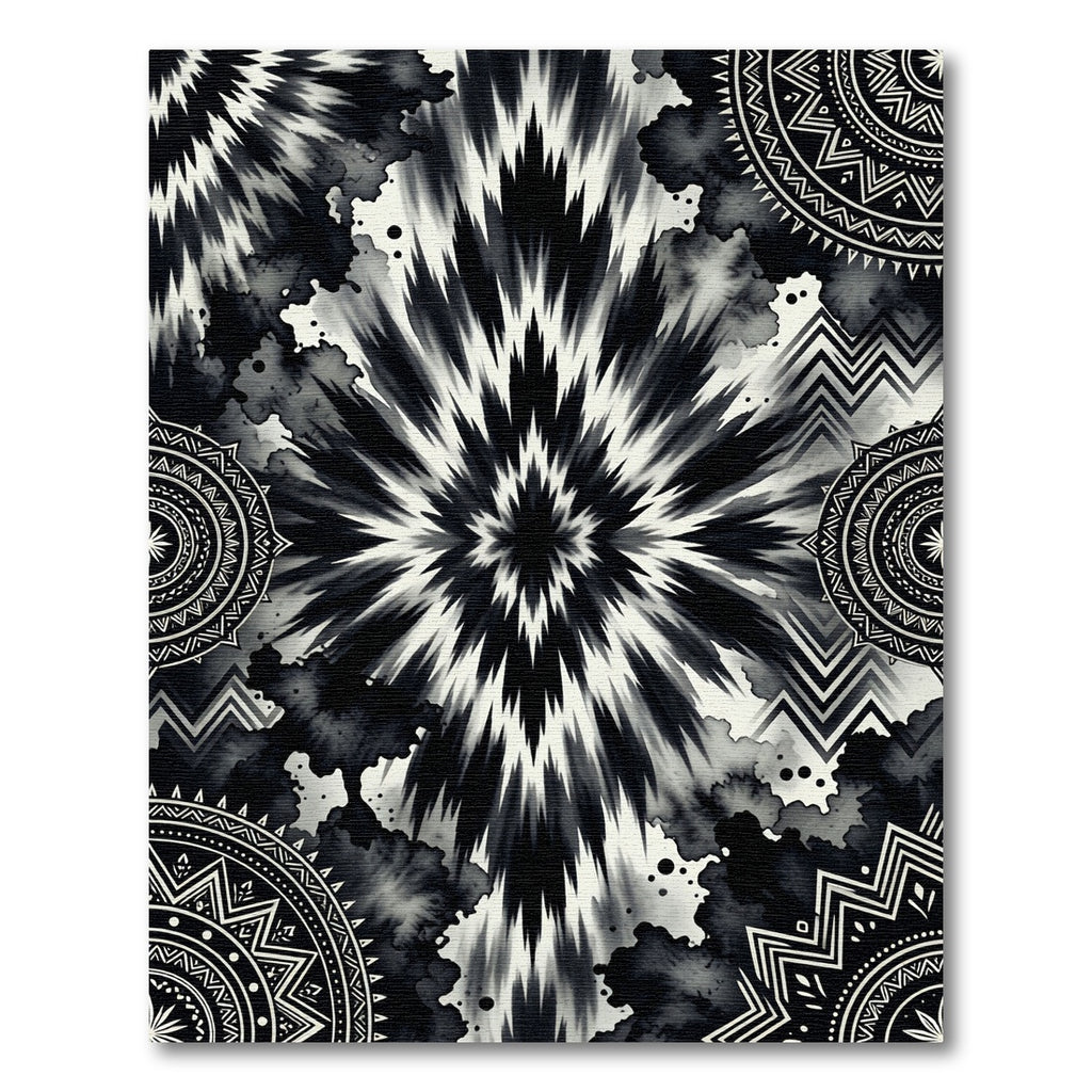 Monochromatic Tie Dye Mandalas and Zigzags Rug