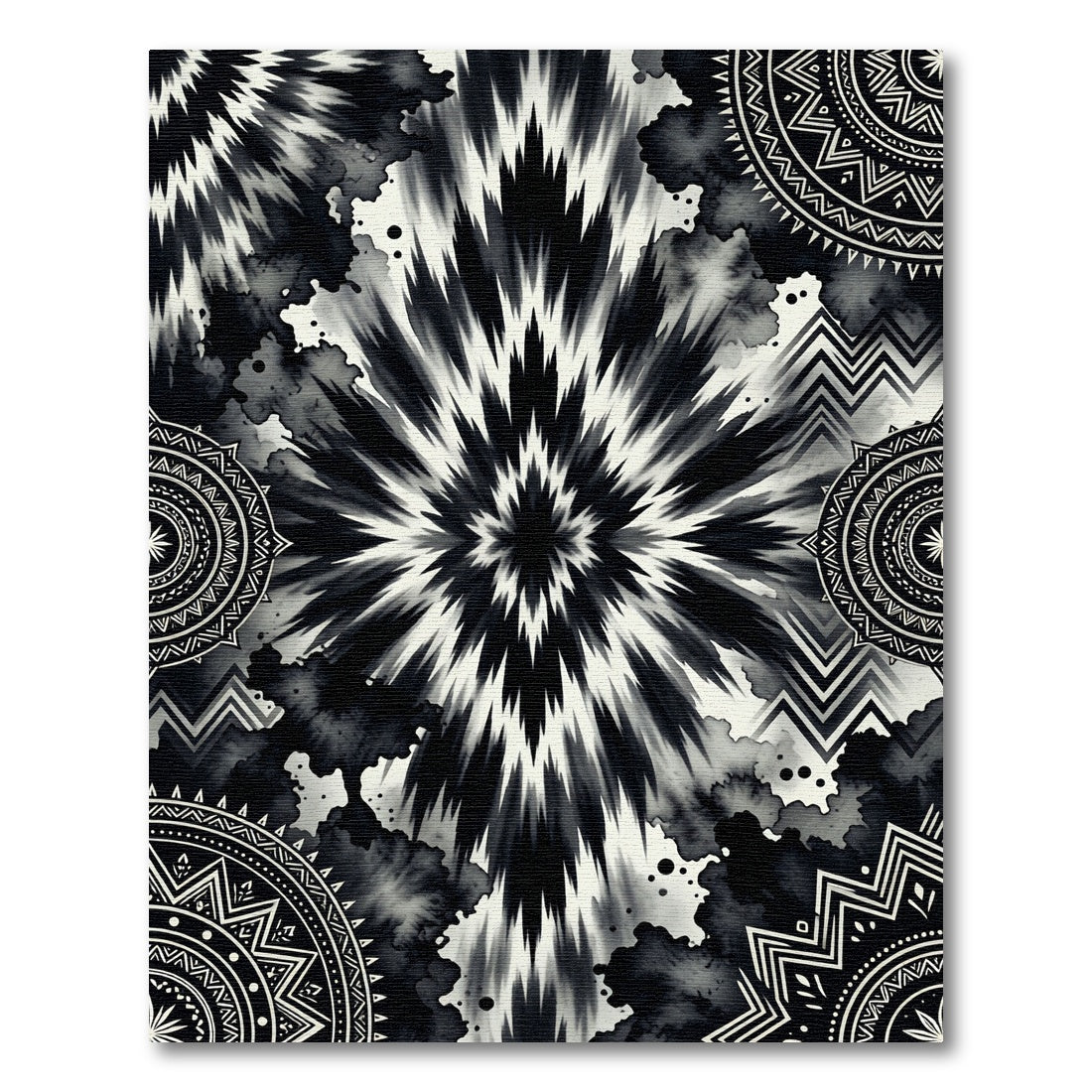 Monochromatic Tie Dye Mandalas and Zigzags Rug