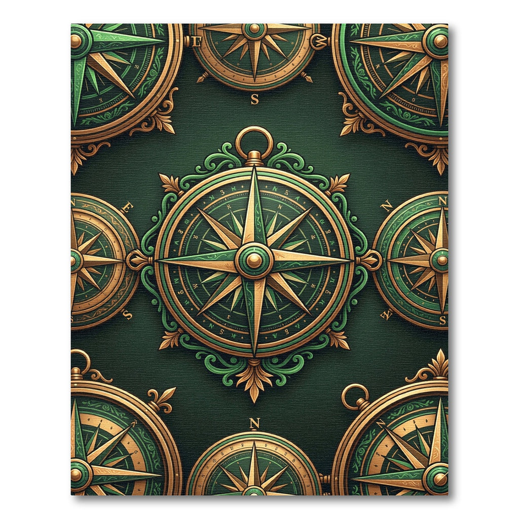 Elegant Emerald Gold Nautical Compass Rug
