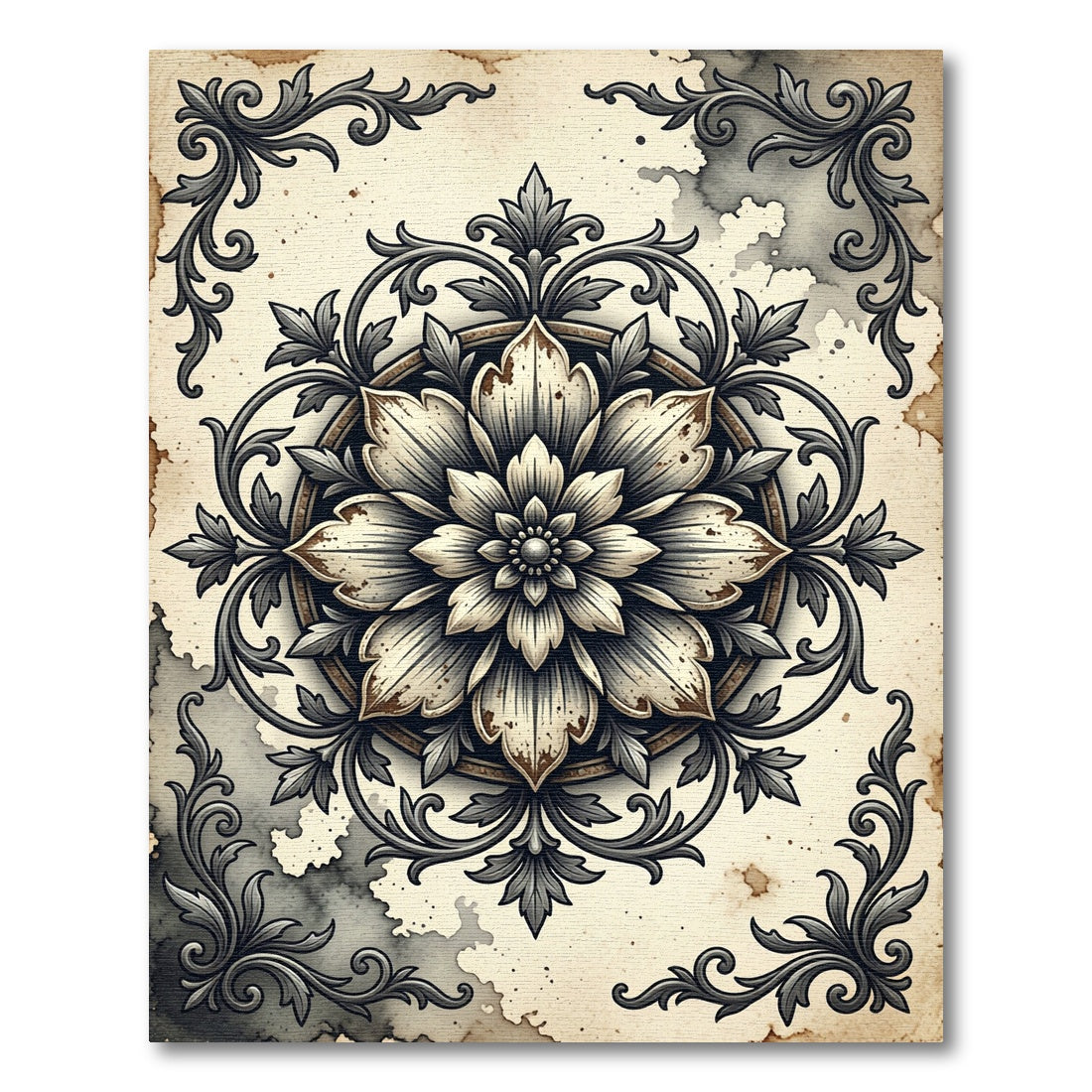 Vintage Antique Floral Medallion Charcoal Grey Rug