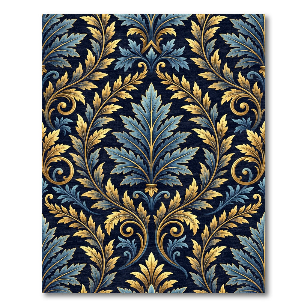 Elegant Gold and Navy Damask Foliage Rug