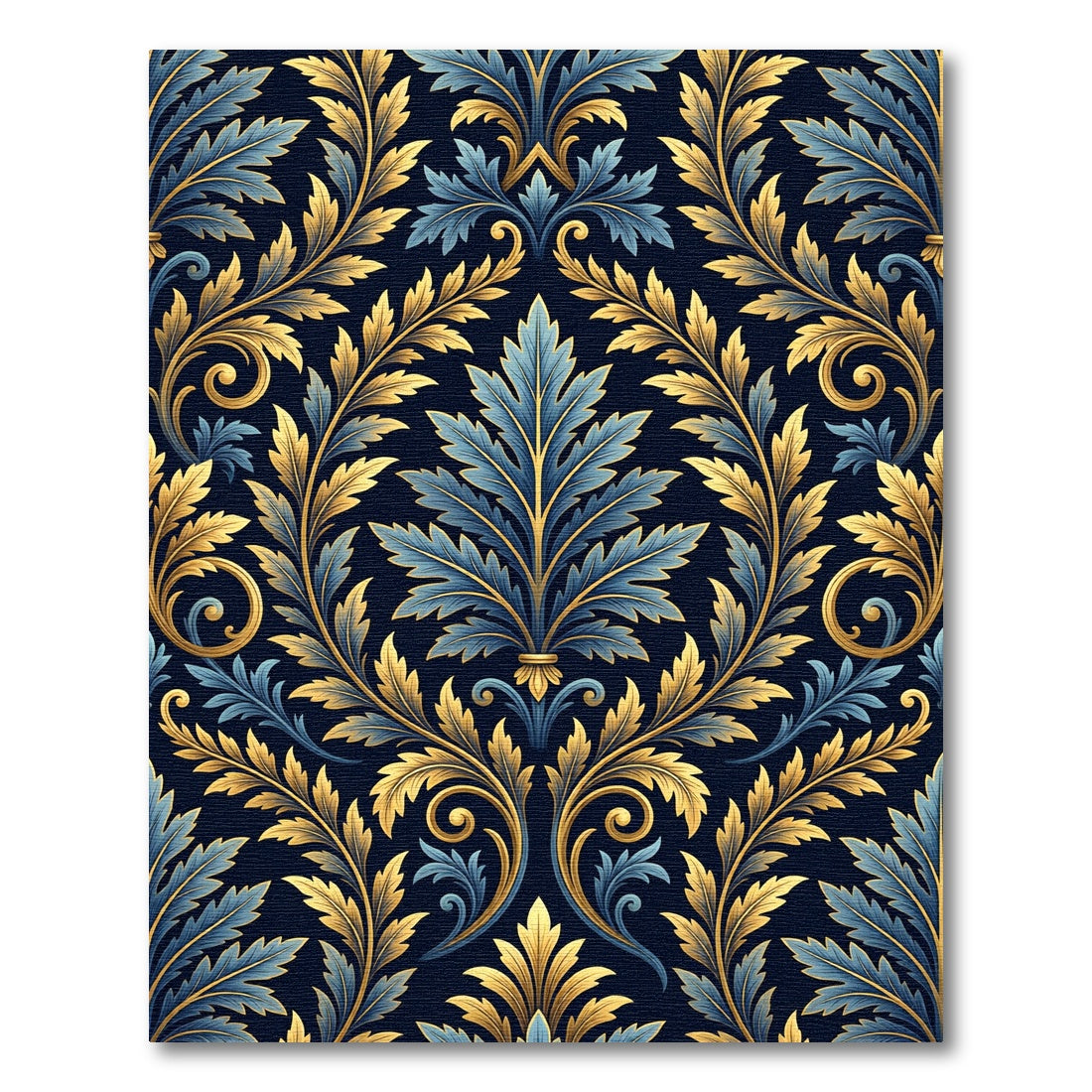 Elegant Gold and Navy Damask Foliage Rug