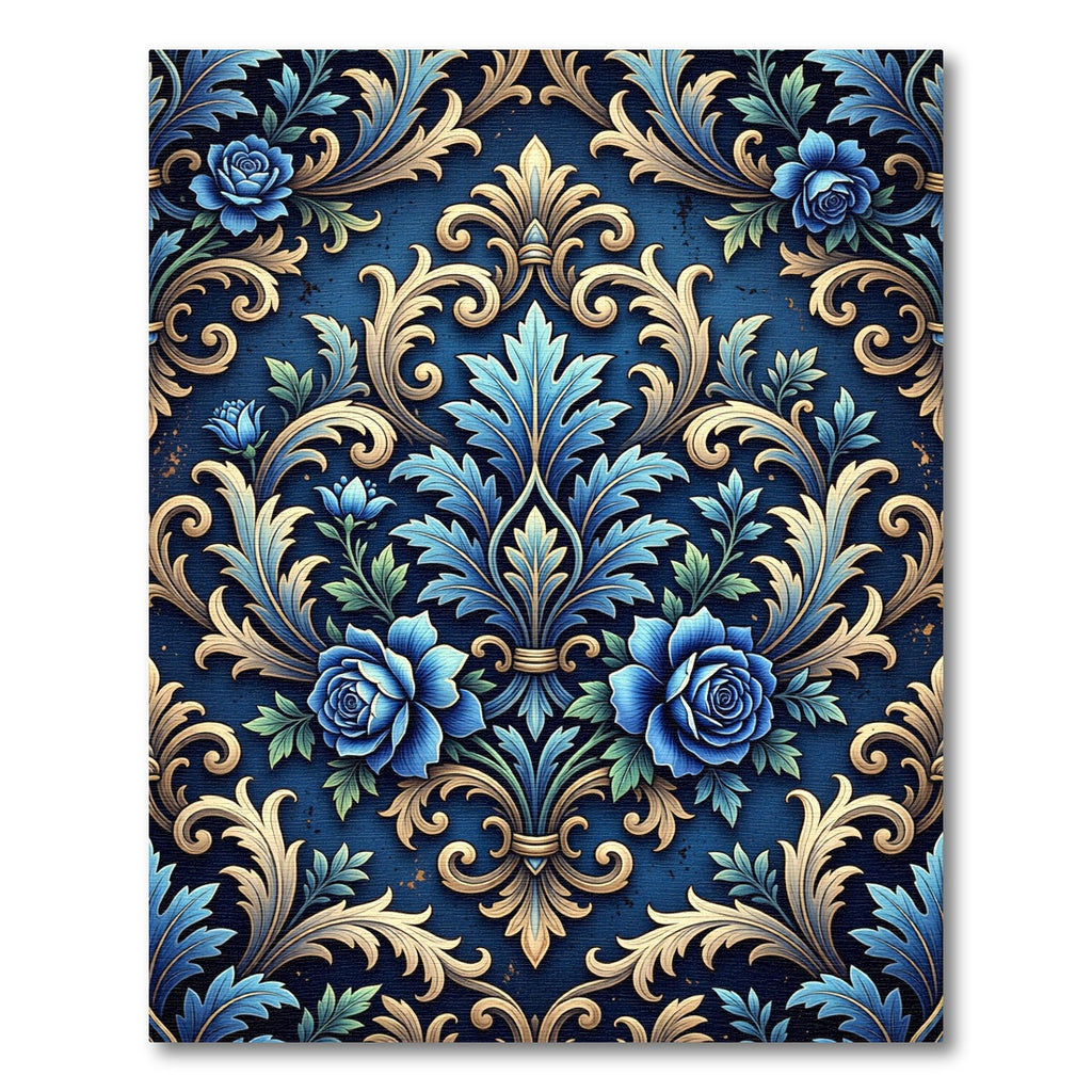 Royal Blue Damask Gold Floral Scroll Rug