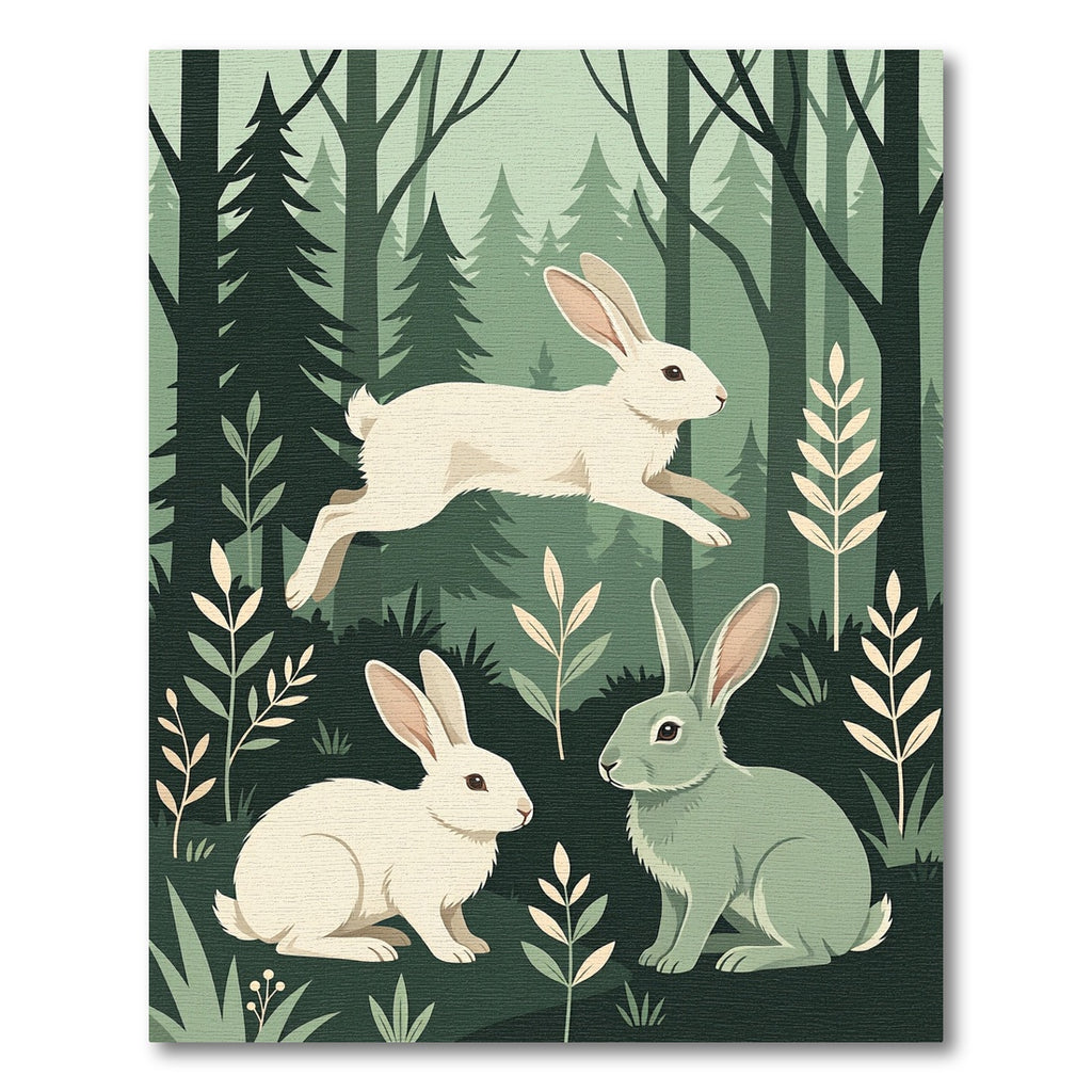 Serene Forest Bunnies Woodland Illustration Rug