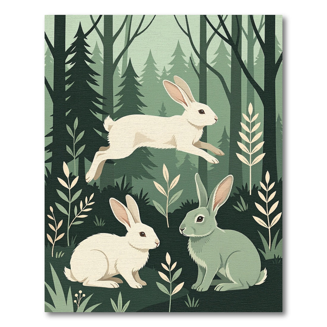 Serene Forest Bunnies Woodland Illustration Rug