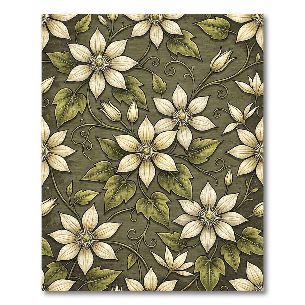 Elegant Olive Cream Clematis Floral Rug