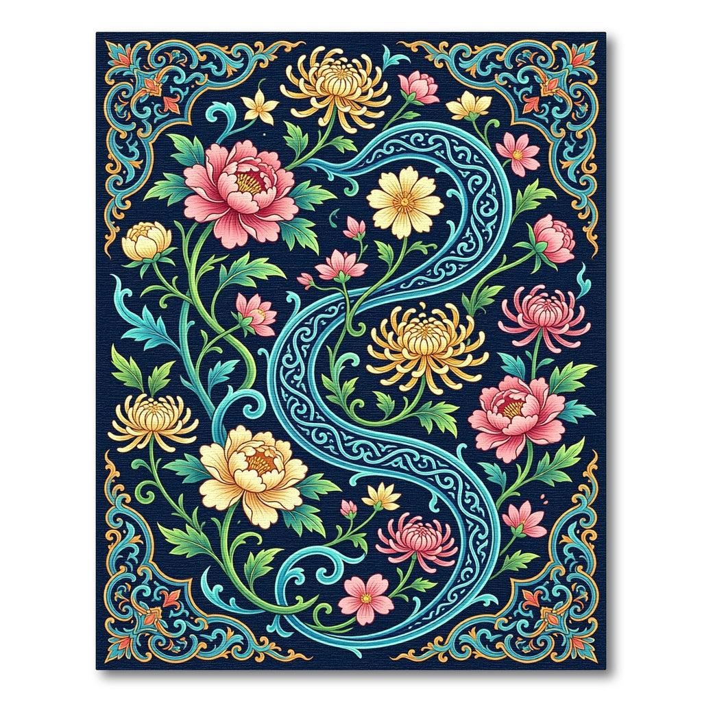 Elegant Navy Floral Chrysanthemum Swirl Rug
