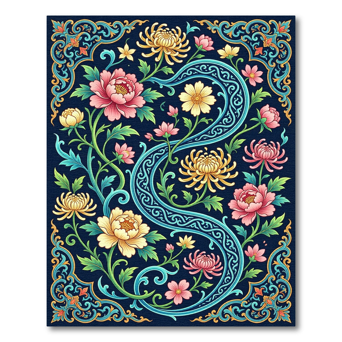 Elegant Navy Floral Chrysanthemum Swirl Rug