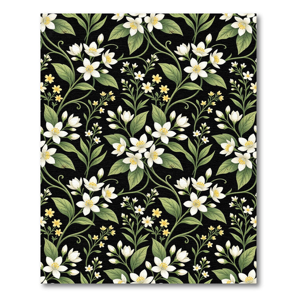 White Floral Vine Garden Black Rug