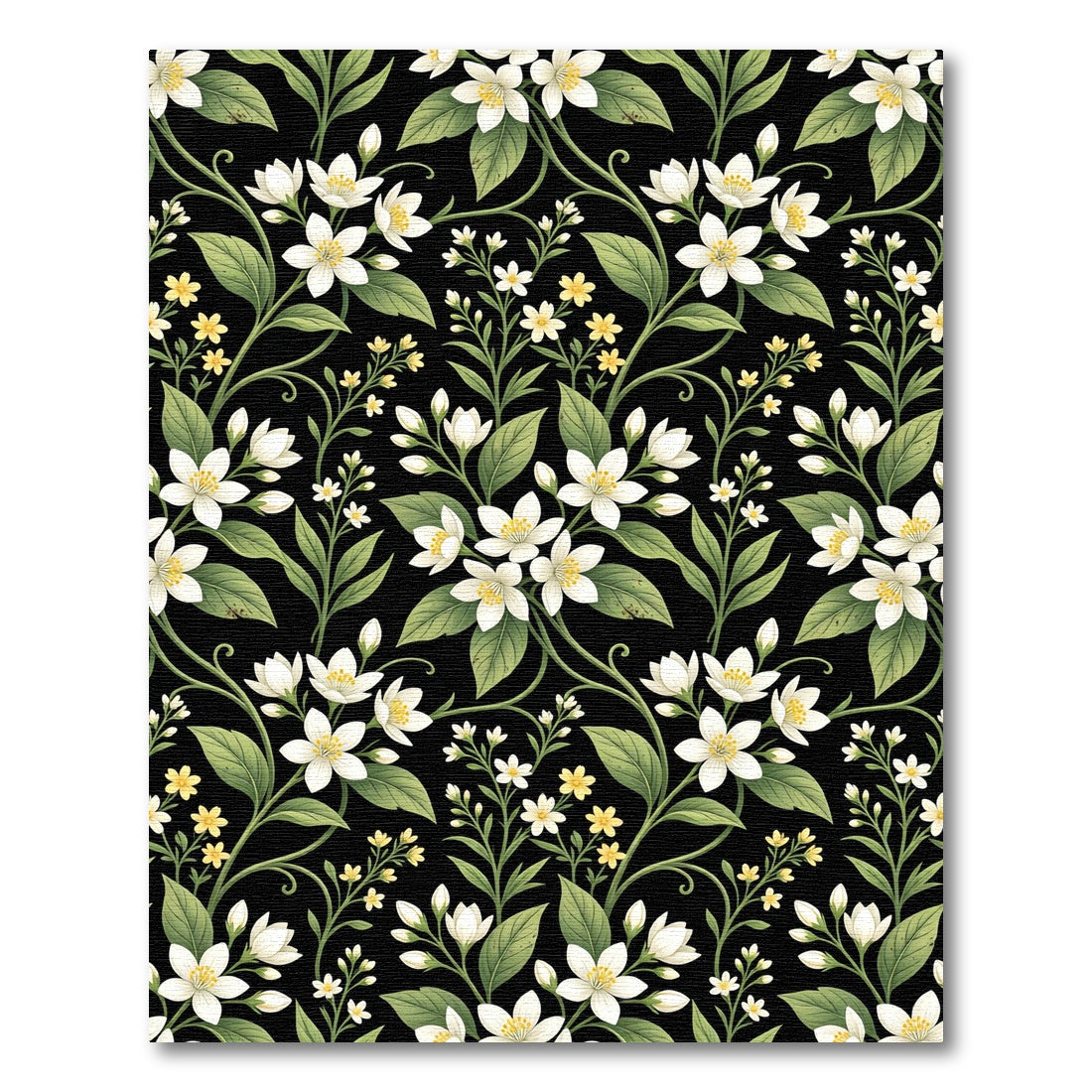 White Floral Vine Garden Black Rug