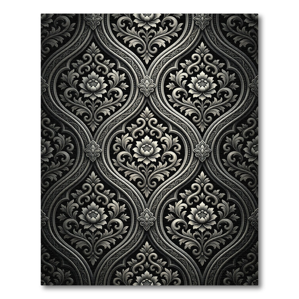 Ornate Black and White Damask Floral Rug