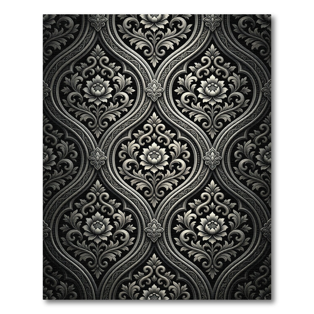 Ornate Black and White Damask Floral Rug