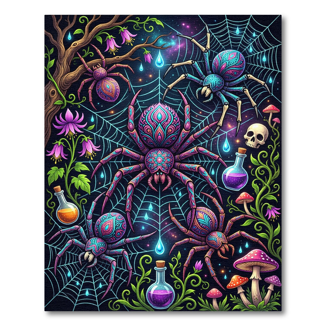 Neon Cosmic Spider Web Enchanted Forest Rug