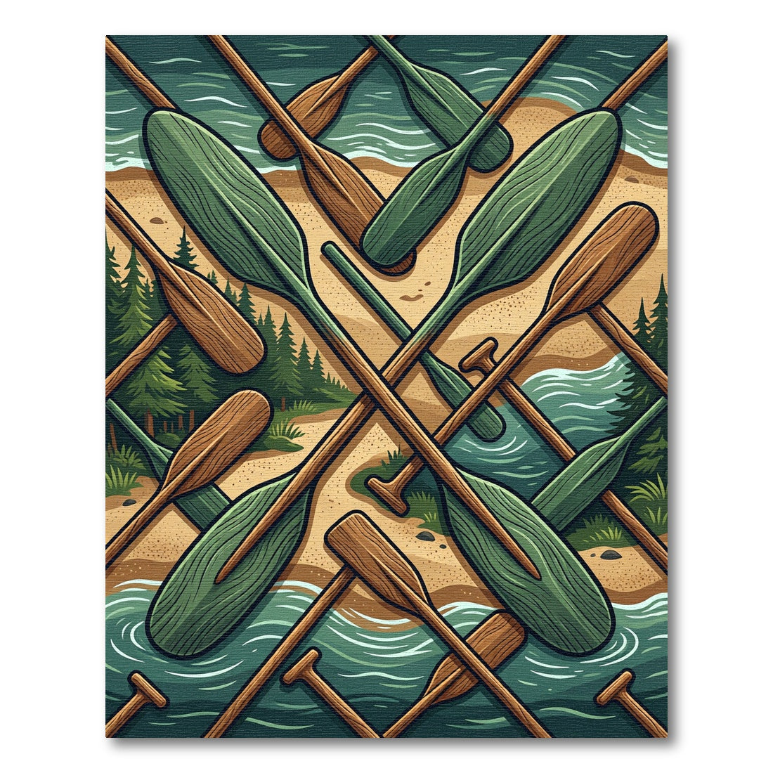Crossed Wooden Oars Forest Lake Landscape Rug