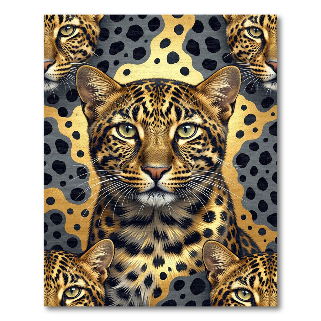 Golden Leopard Face on Black Spotted Background Rug