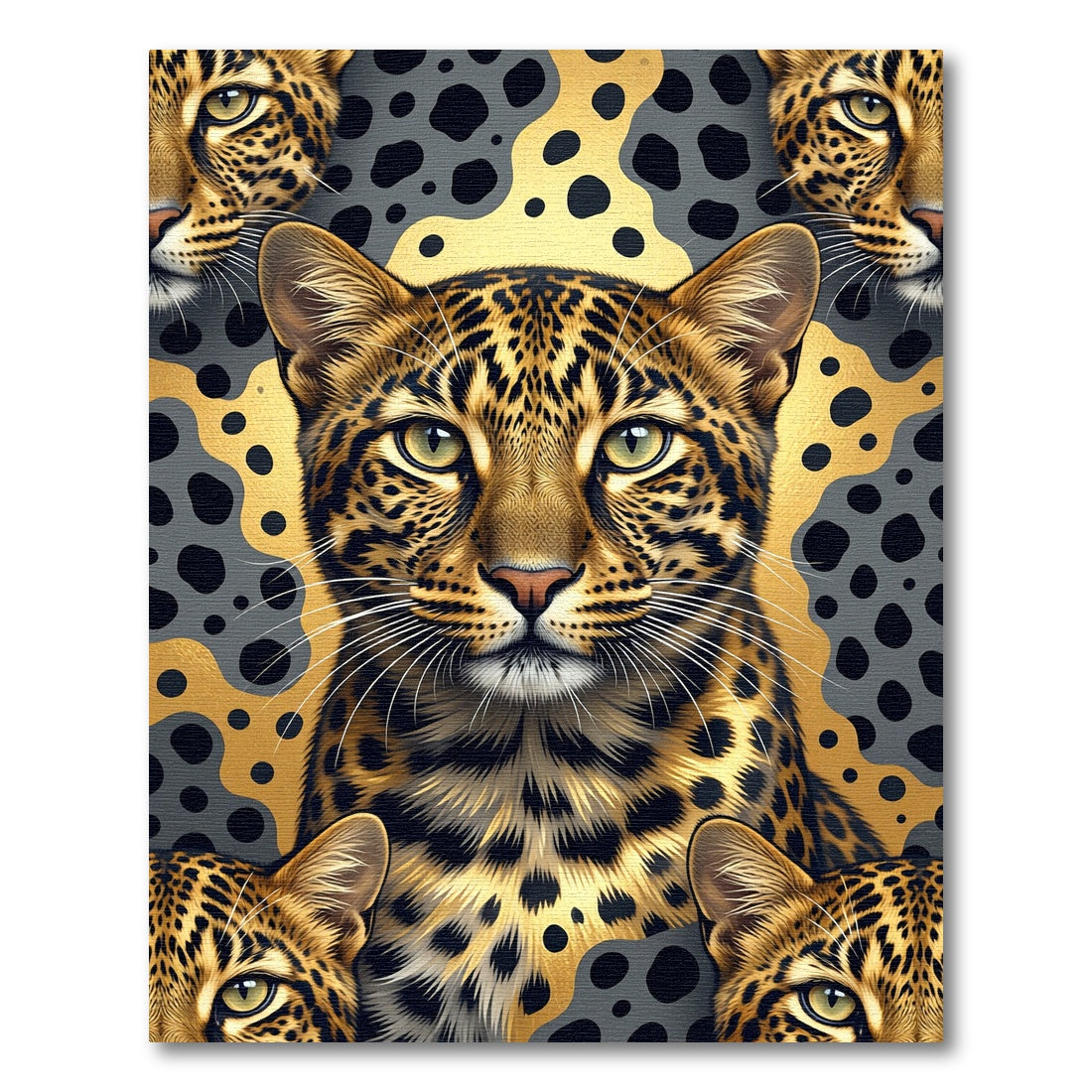 Golden Leopard Face on Black Spotted Background Rug