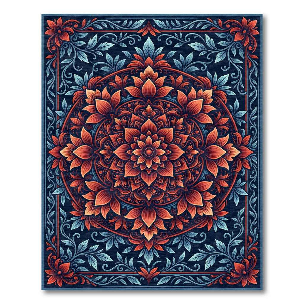 Vibrant Coral Lotus Mandala Navy Rug