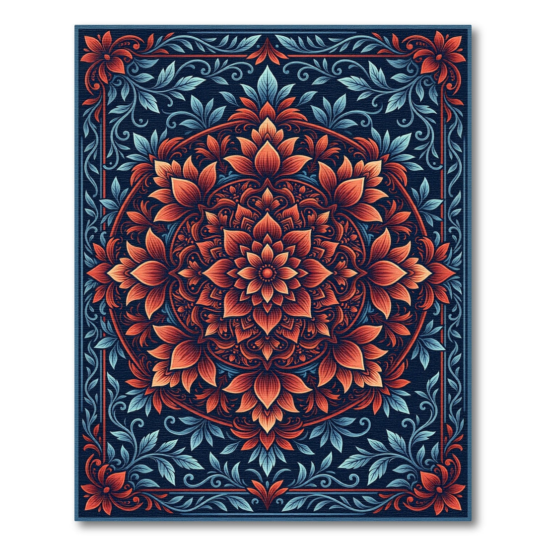 Vibrant Coral Lotus Mandala Navy Rug