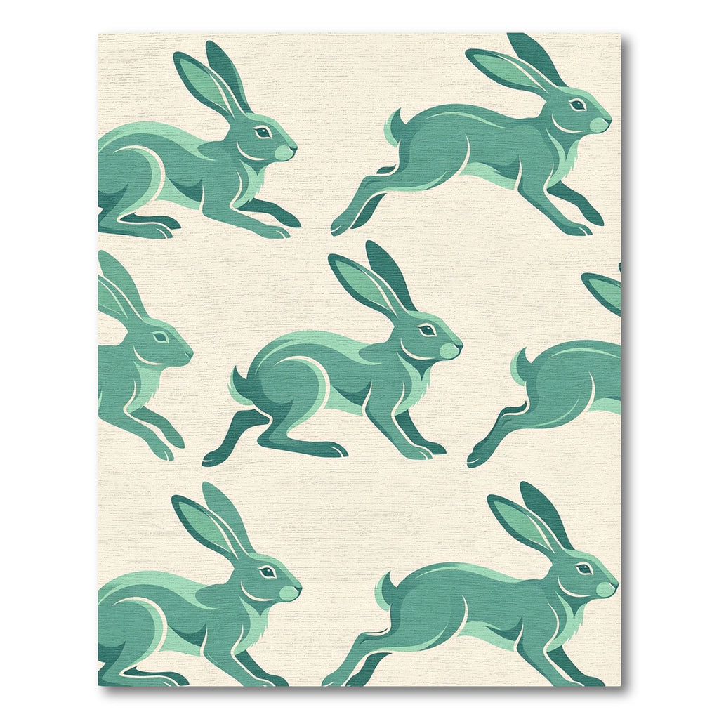 Sage Green Leaping Rabbit Illustration Rug