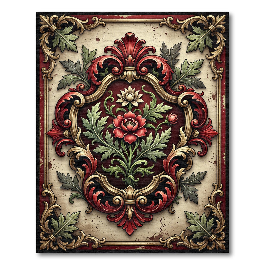 Ornate Crimson Floral Baroque Foliage Rug
