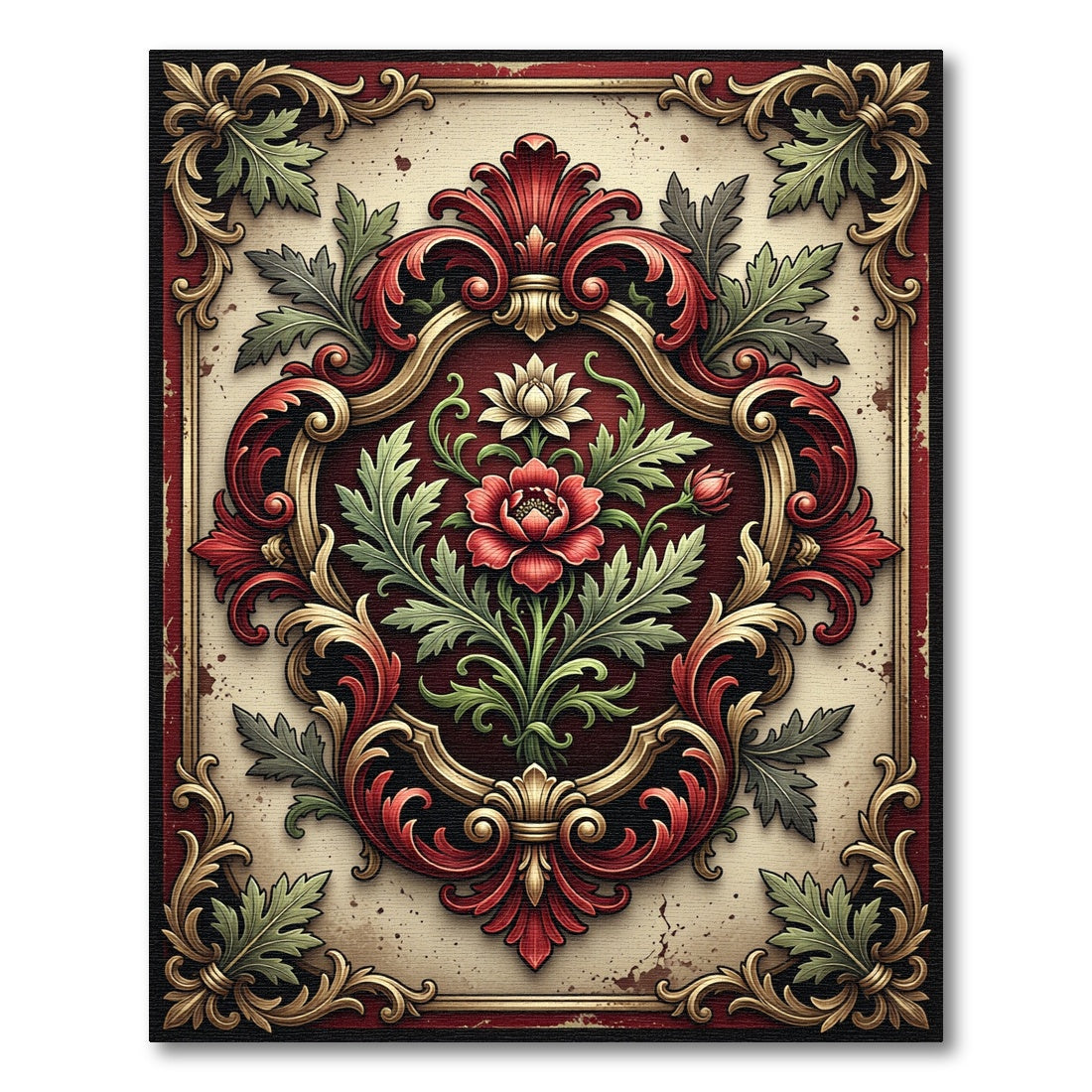 Ornate Crimson Floral Baroque Foliage Rug