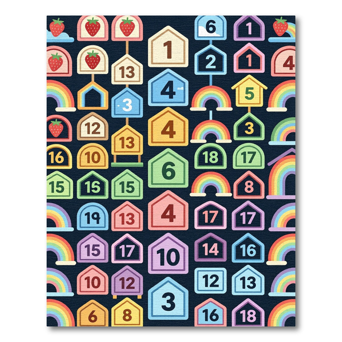 Whimsical Rainbow House and Strawberry Grid Rug