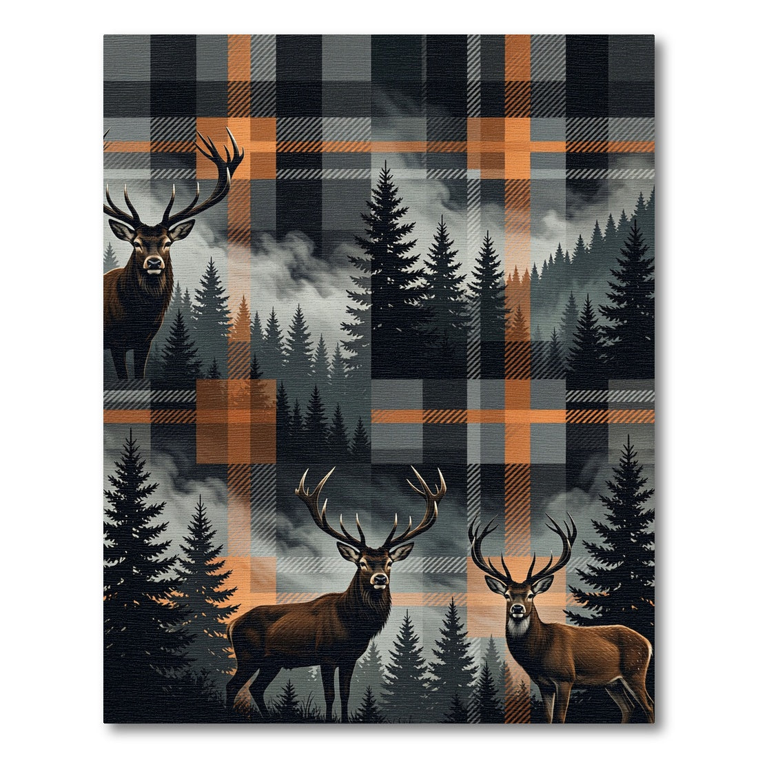 Midnight Elk Forest Orange Plaid Rug