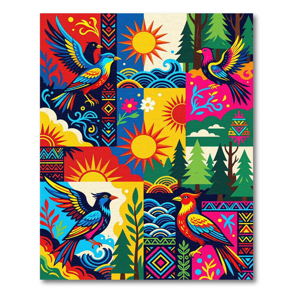 Vibrant Painted Birds Geometric Sunscape Rug