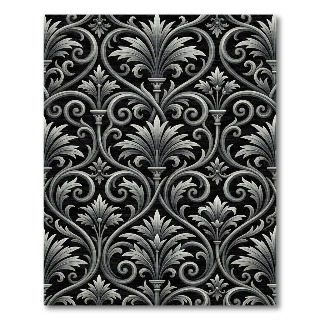 Monochromatic Charcoal Baroque Foliage Scroll Rug