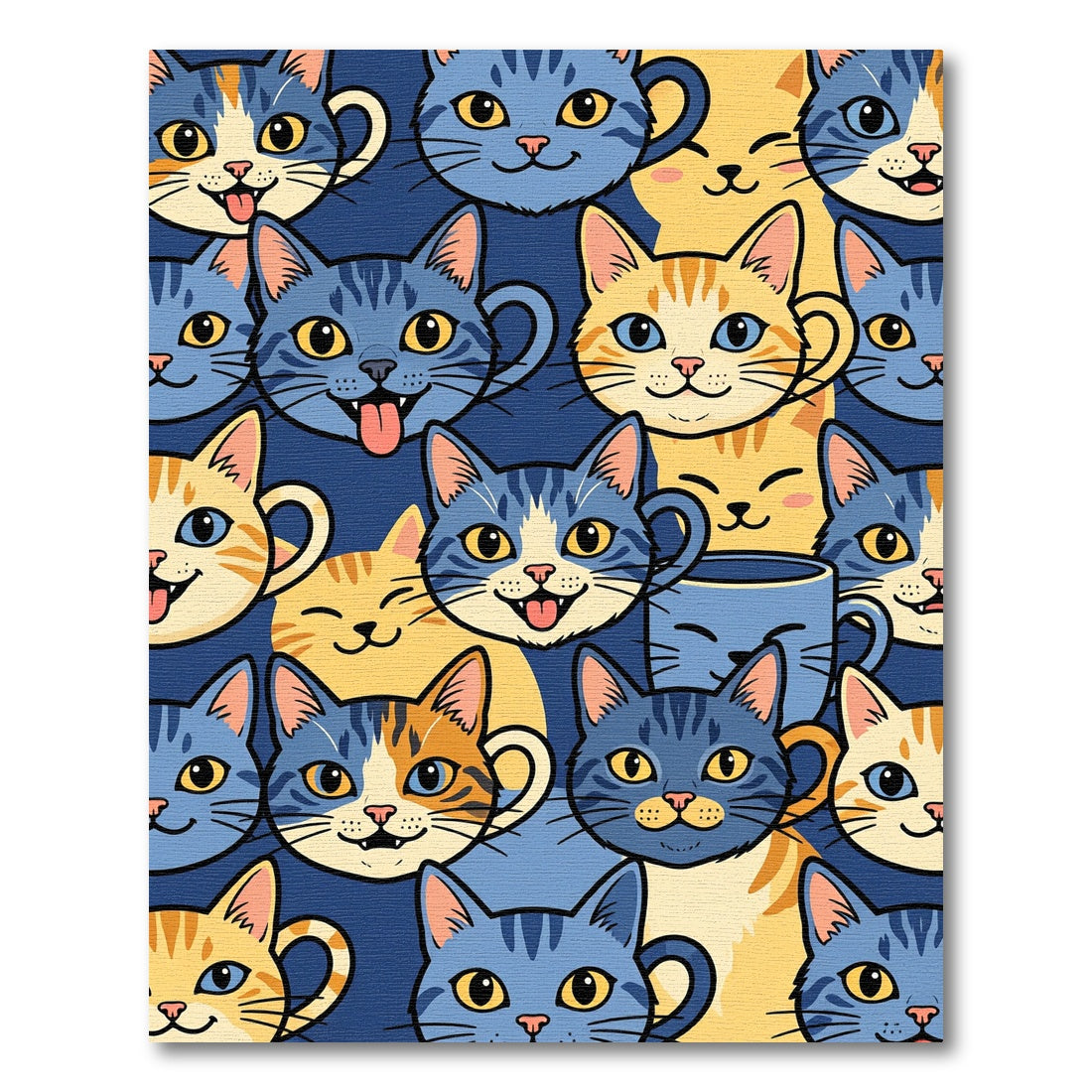 Playful Whimsical Blue and Golden Cat Rug