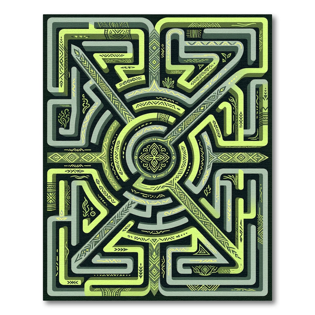 Yellow Green Maze Tribal Pattern Rug
