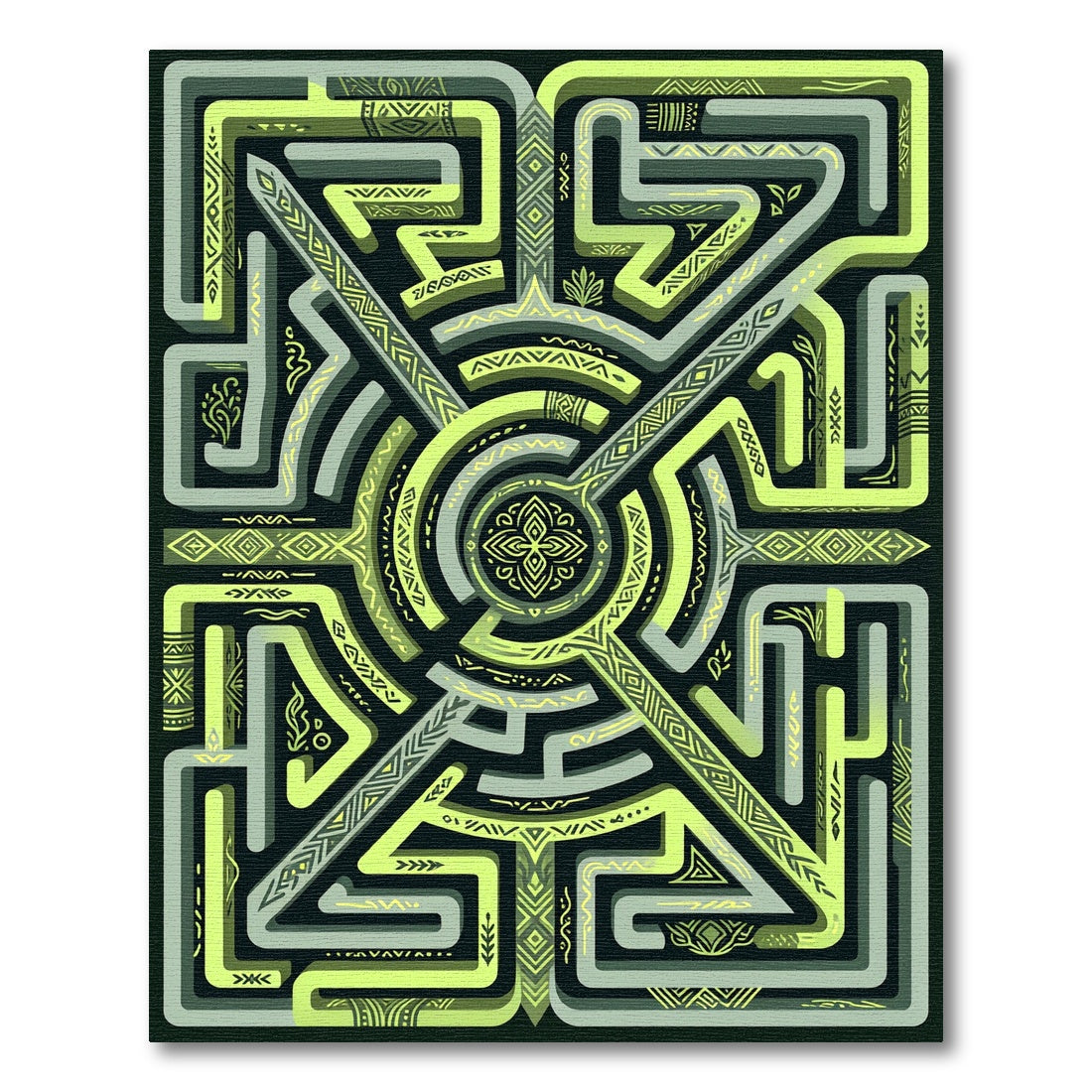 Yellow Green Maze Tribal Pattern Rug
