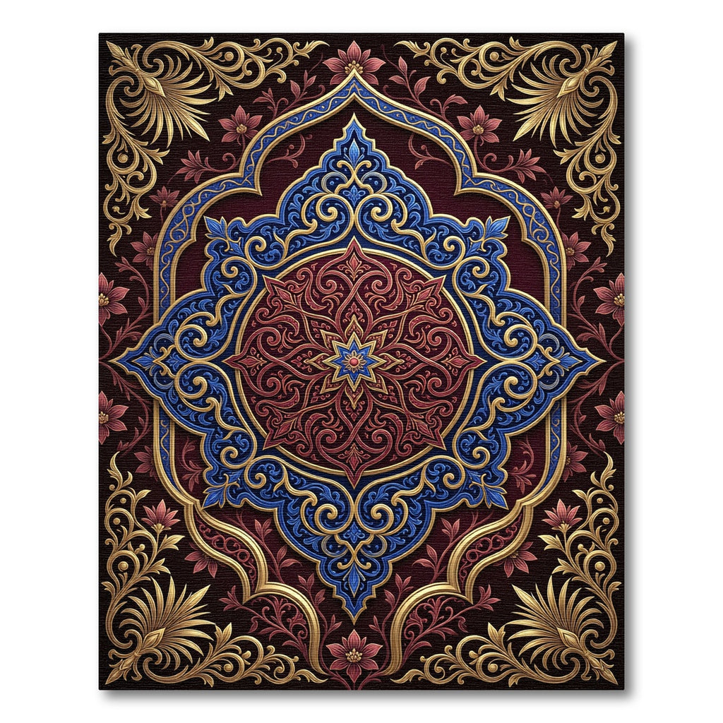 Ornate Royal Blue Crimson Floral Medallion Rug