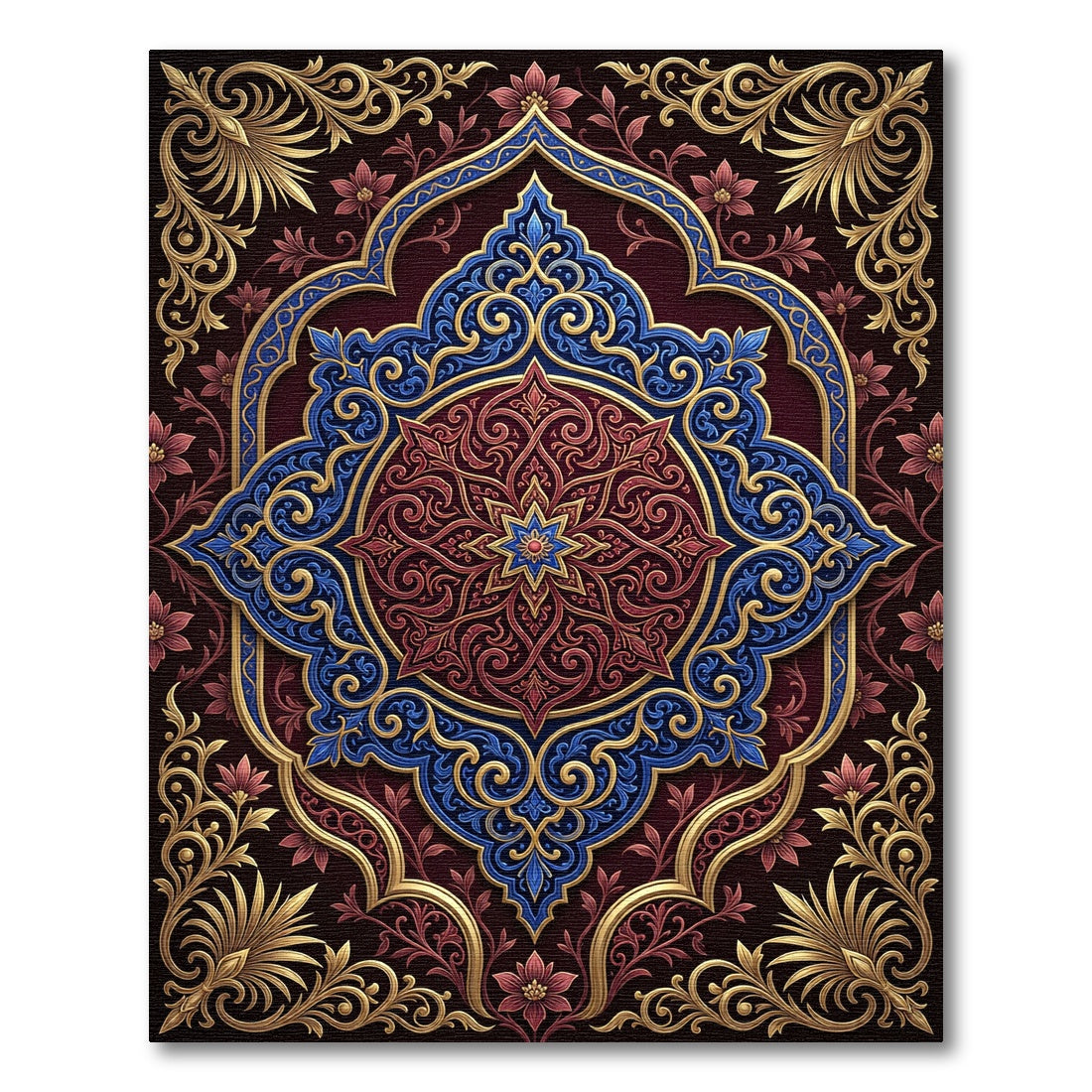 Ornate Royal Blue Crimson Floral Medallion Rug