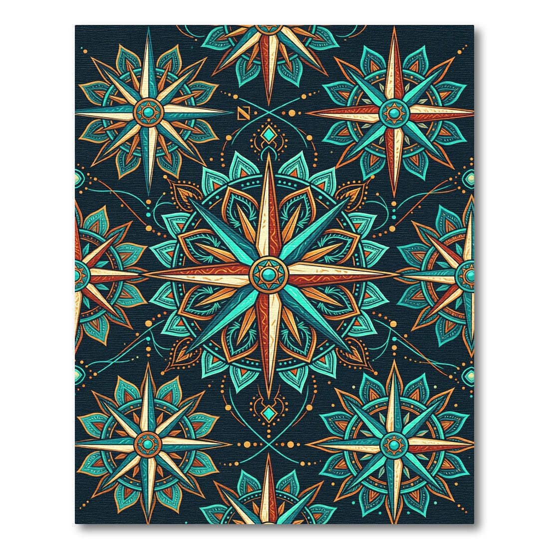 Teal and Amber Celestial Compass Mandala Rug