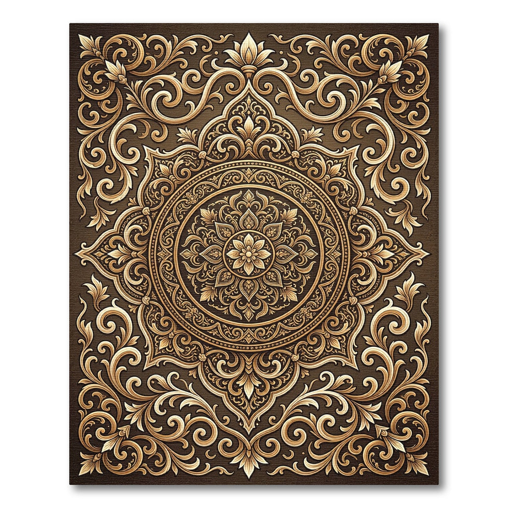 Ornate Gold Floral Medallion Scroll Rug