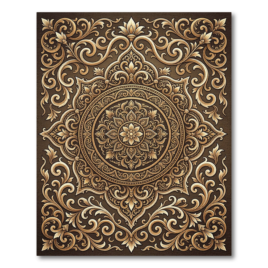 Ornate Gold Floral Medallion Scroll Rug
