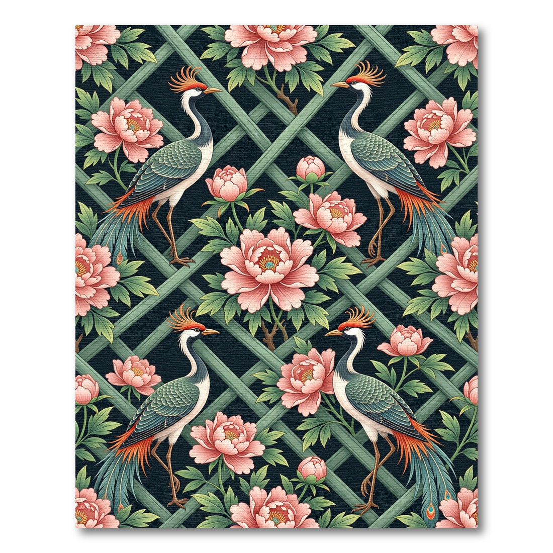 Chinoiserie Crane Peony Lattice Trellis Rug