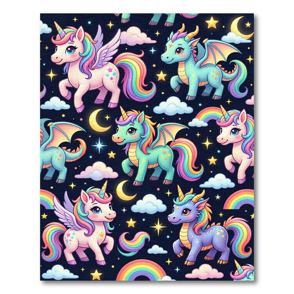 Whimsical Pastel Dragon and Unicorn Sky Rug