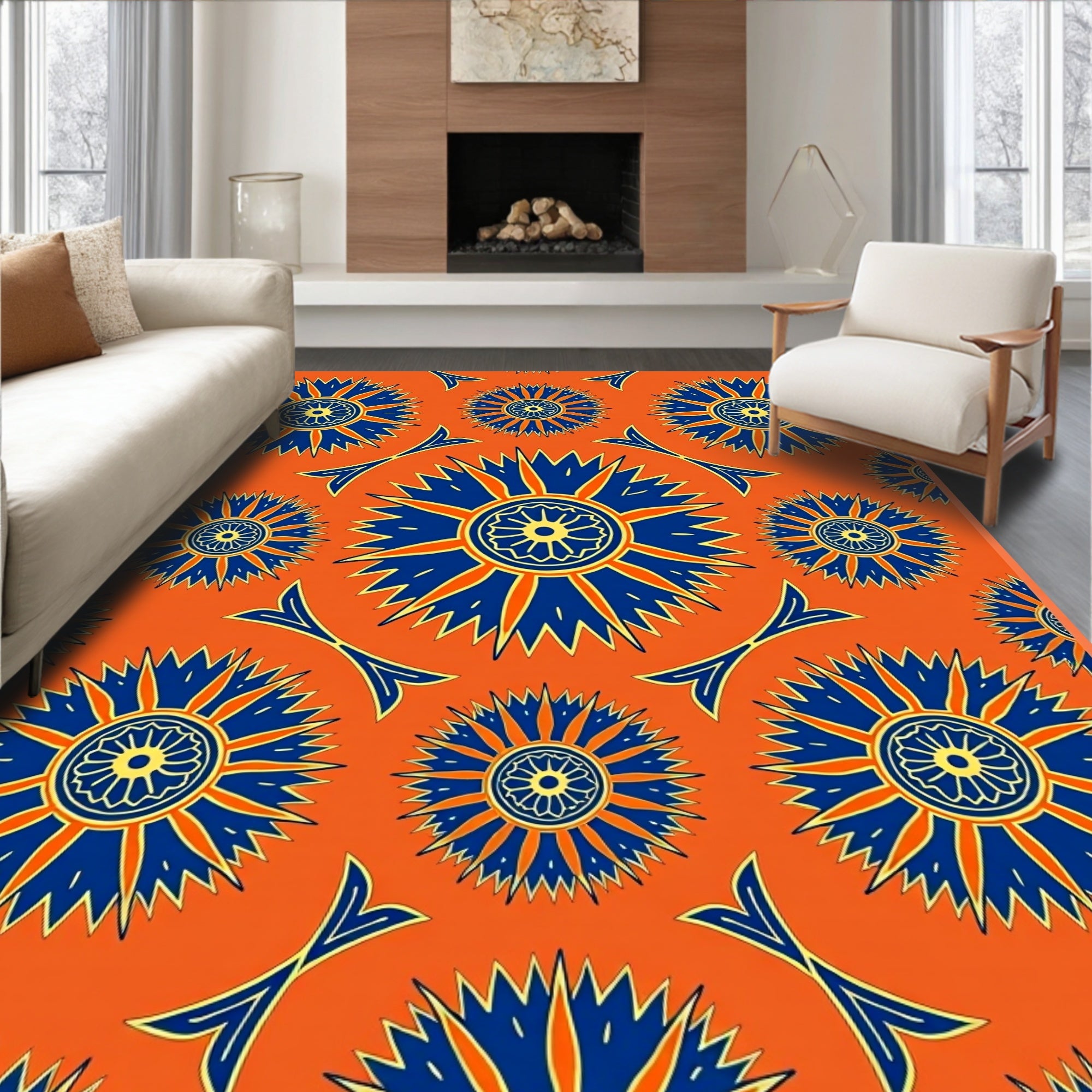 Bright Blue Sunburst Floral Medallion Rug