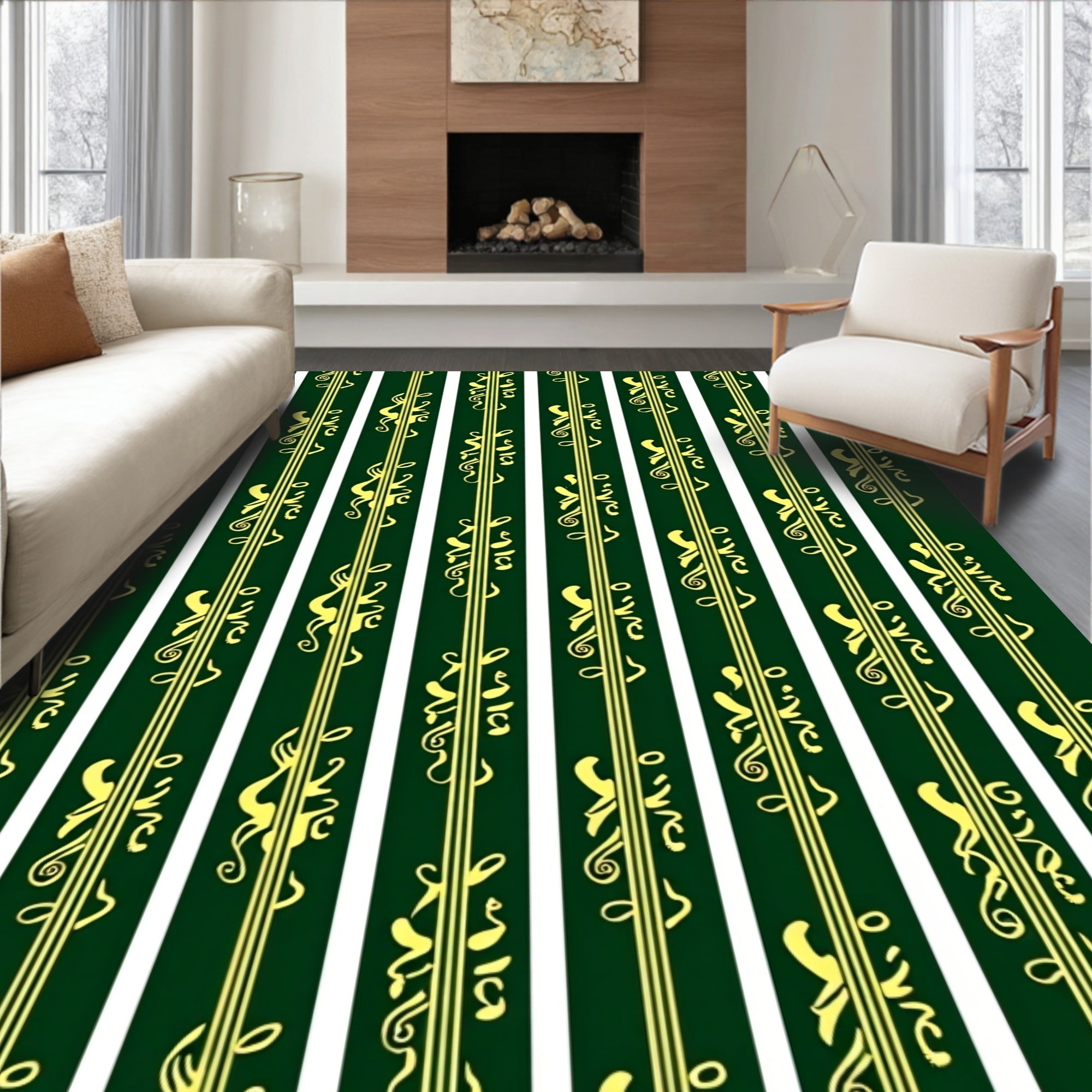 Emerald Gold Baroque Vertical Stripe Rug