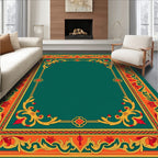 Emerald Green Gold Red Floral Border Rug