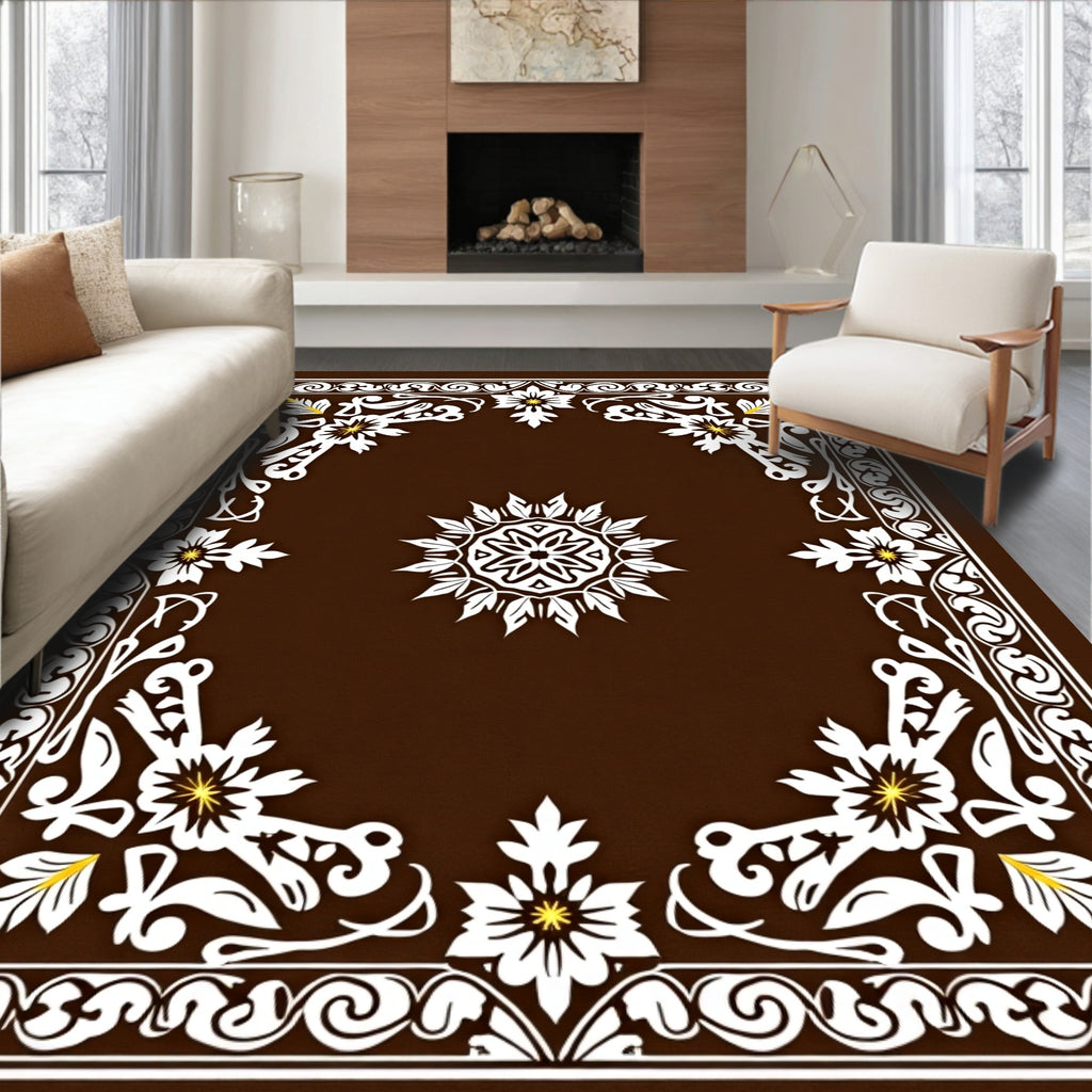 Dark Brown White Floral Medallion Border Rug