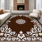 Dark Brown White Floral Medallion Border Rug