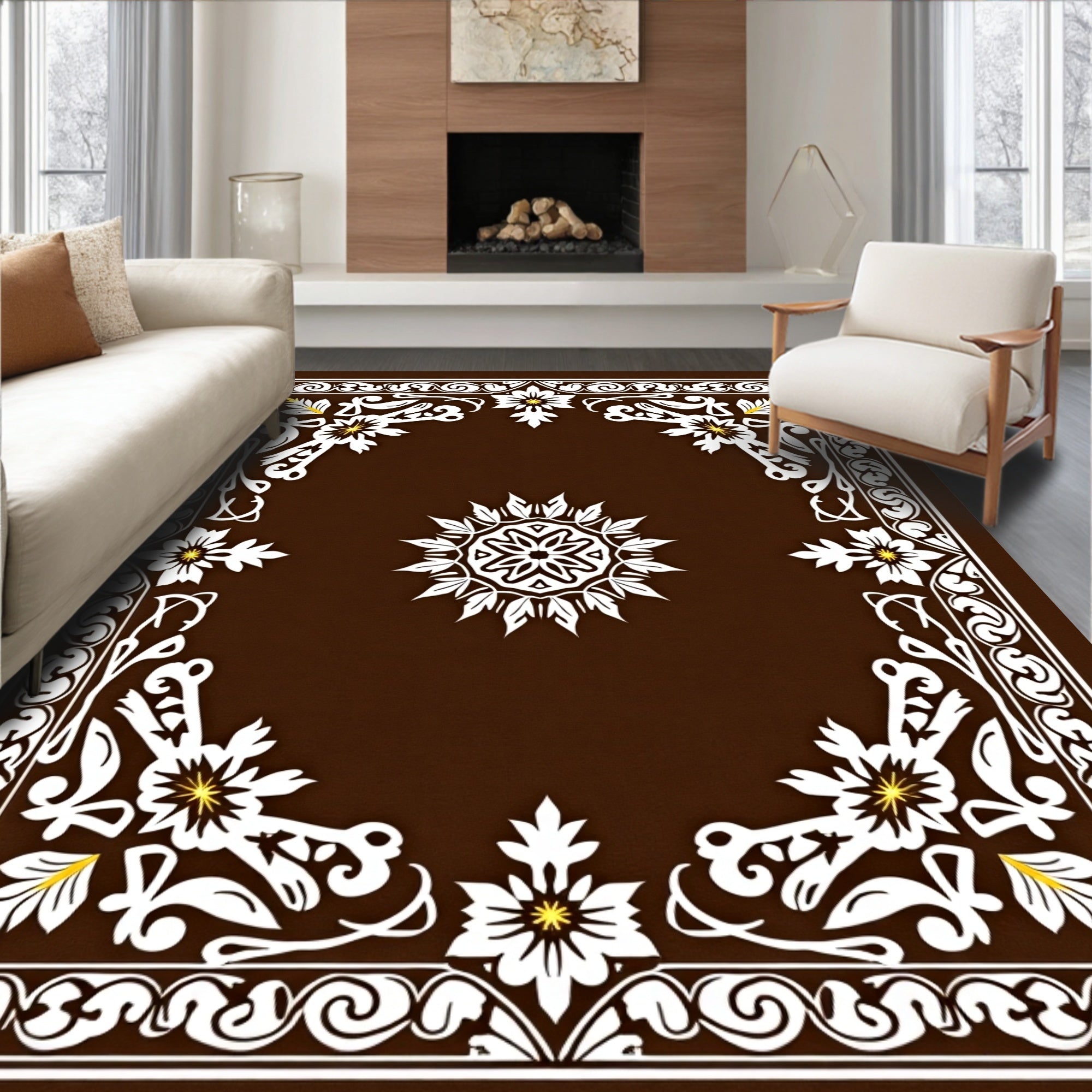 Dark Brown White Floral Medallion Border Rug