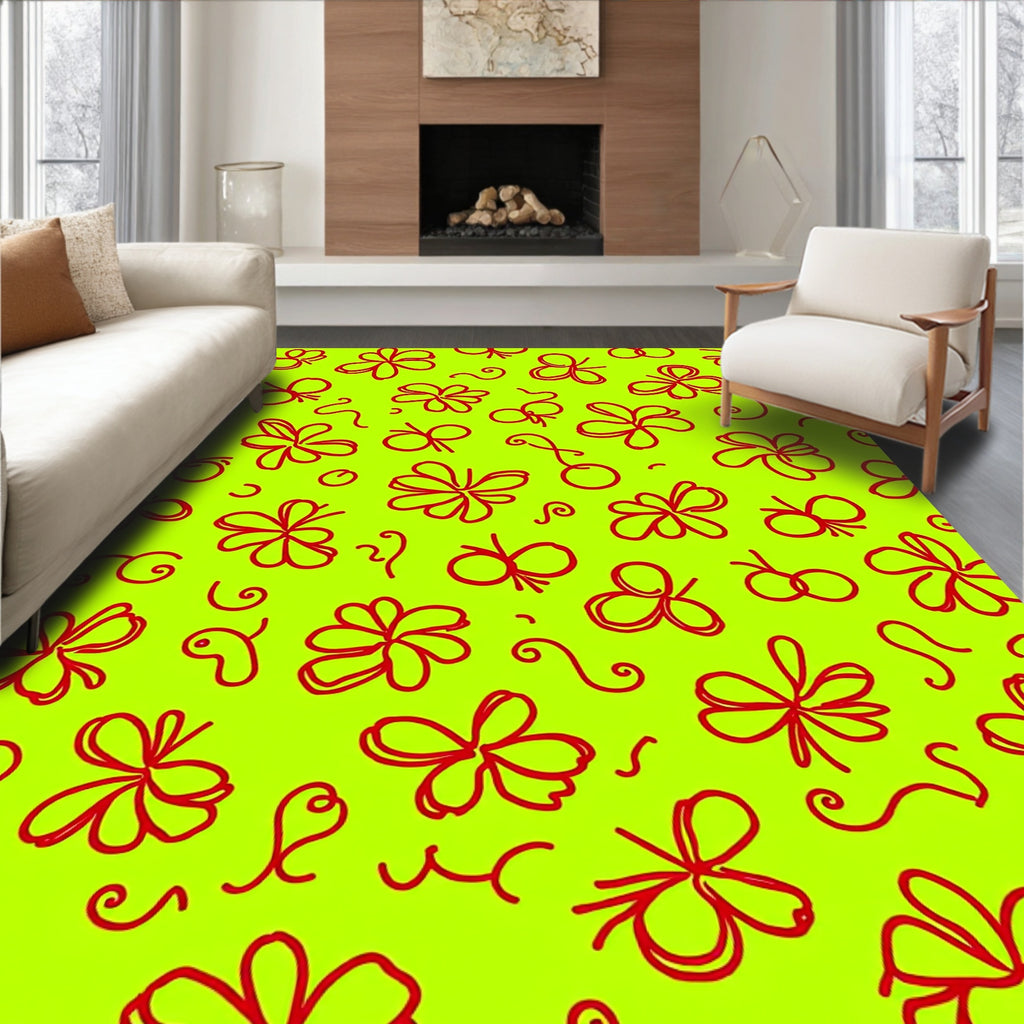 Vibrant Red Butterfly Blossoms On Lime Rug
