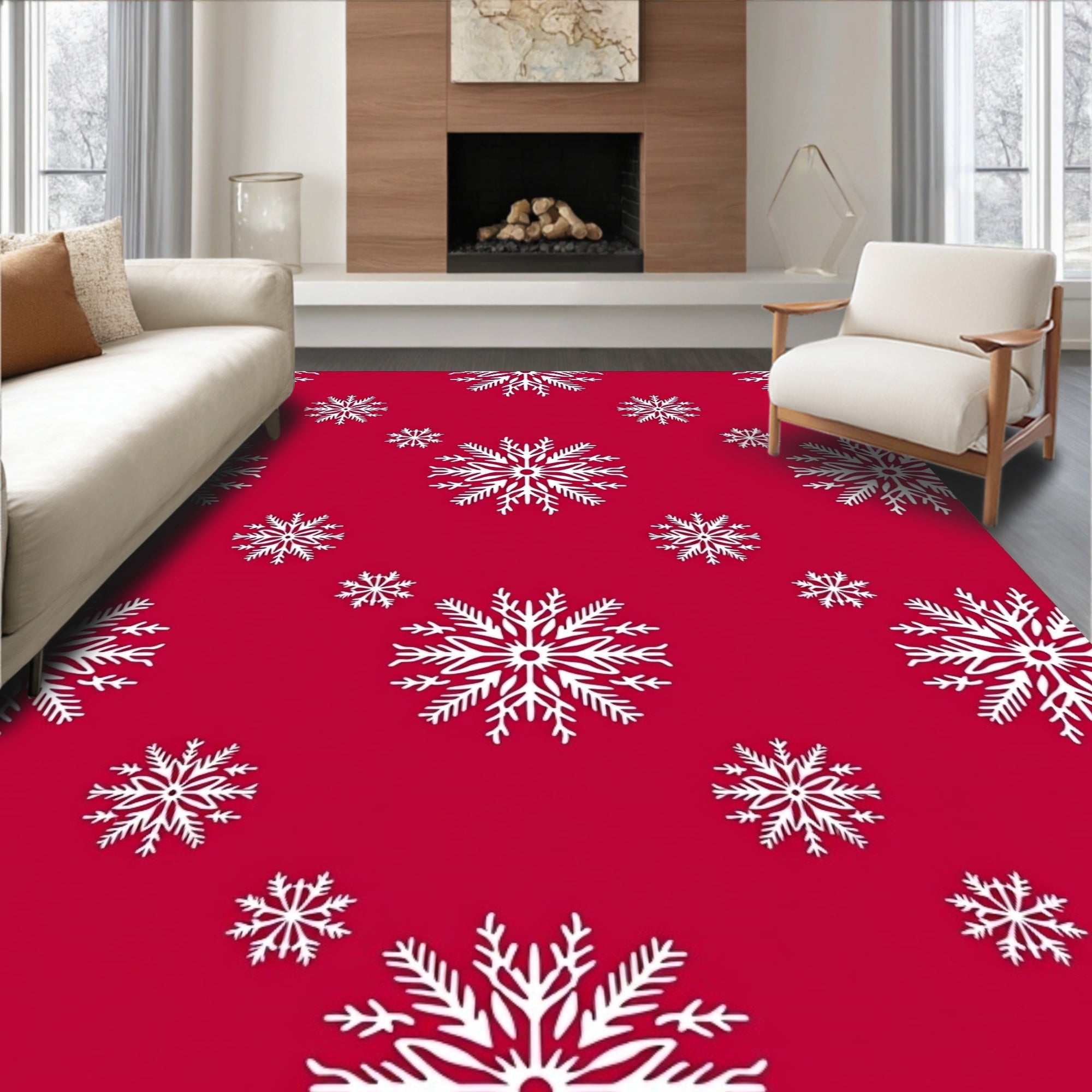 Crimson White Snowflake Cascade Rug