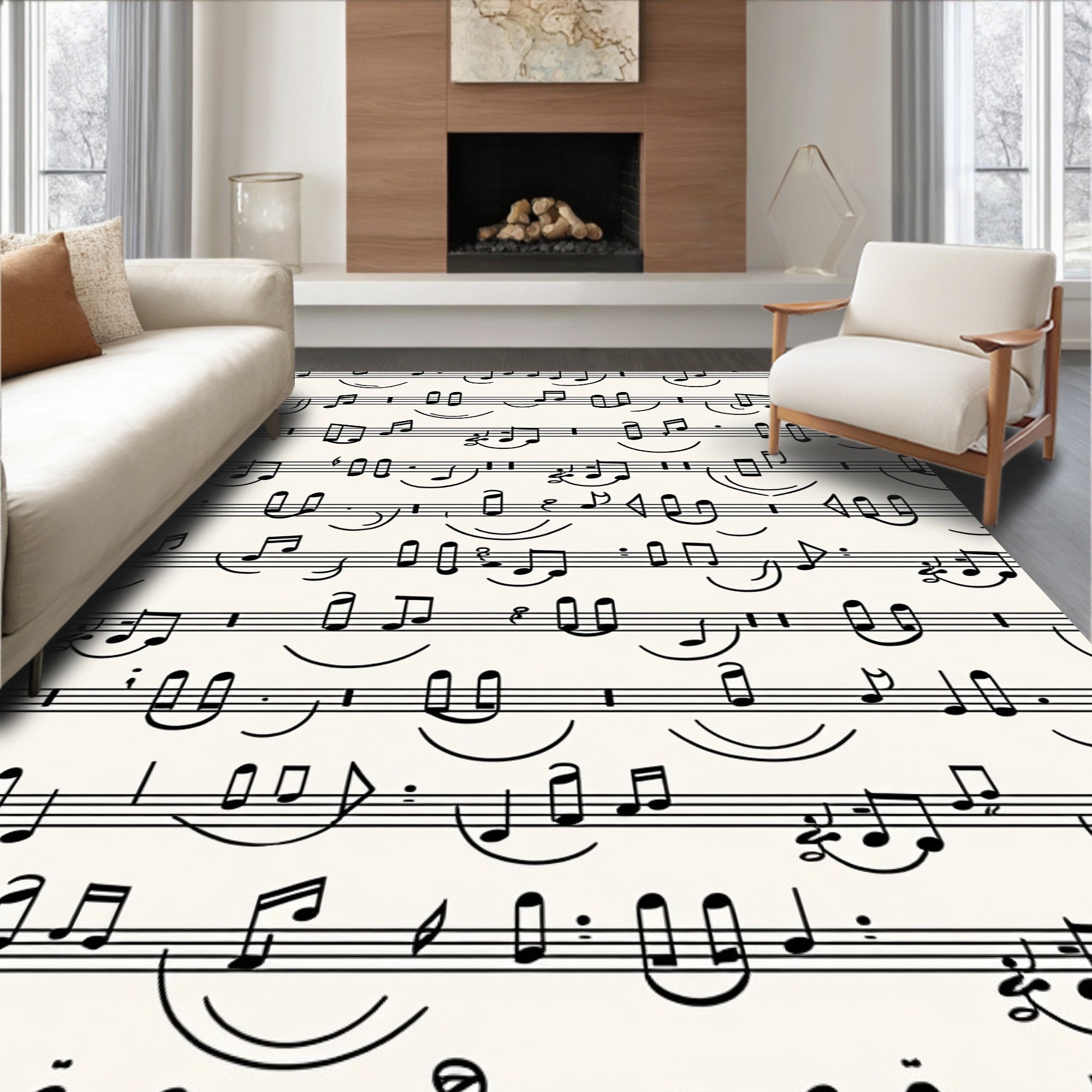 Classic Black Music Notes Cream Rug