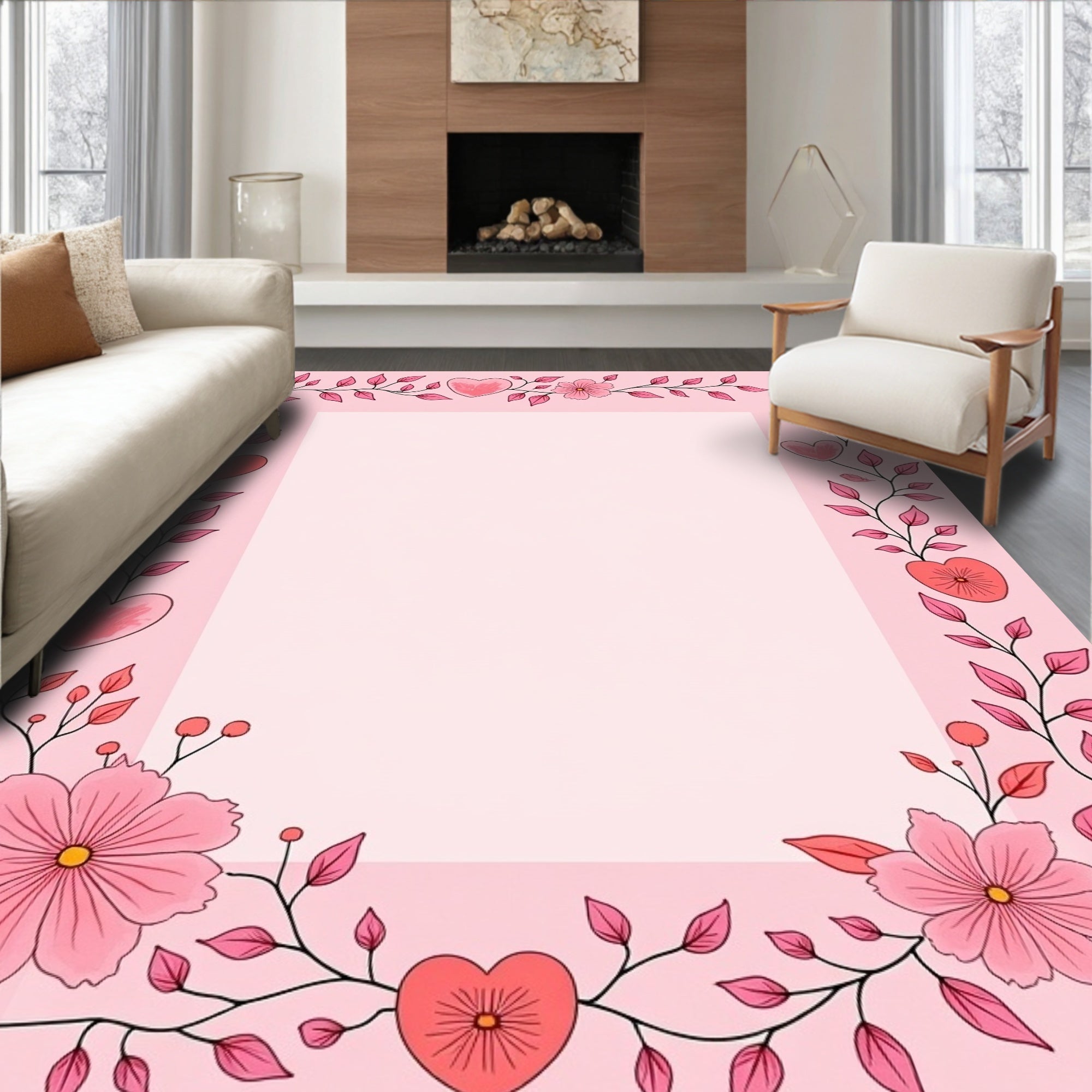Pink Hearts Floral Vine Border Rug